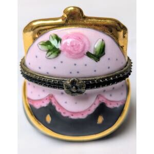 Vtg Floral Purse Trinket Box 2.5" Jewelry Porcelain Hinged Case Pink Black Gold